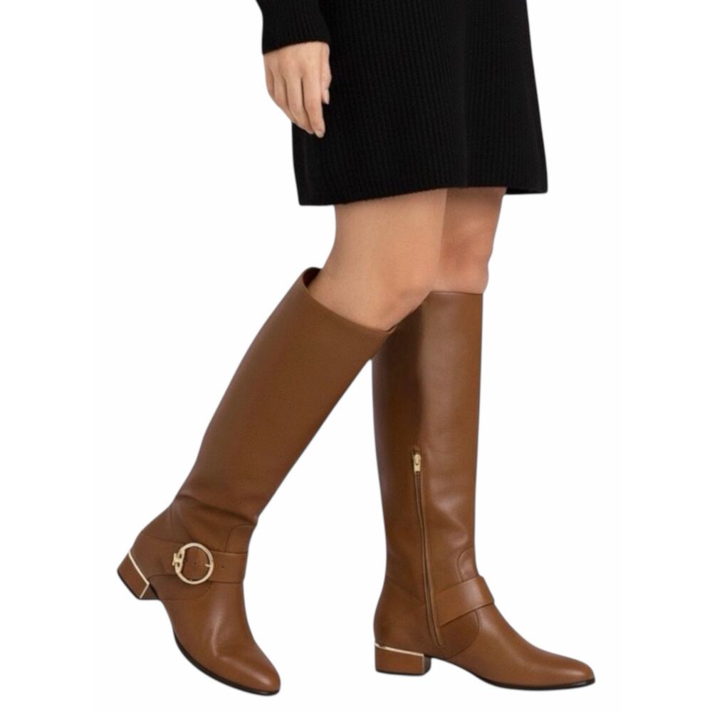 Tory Burch Sofia Tall Riding Boots Leather Logo Festive Brown Size 7 - Picture 2 of 12